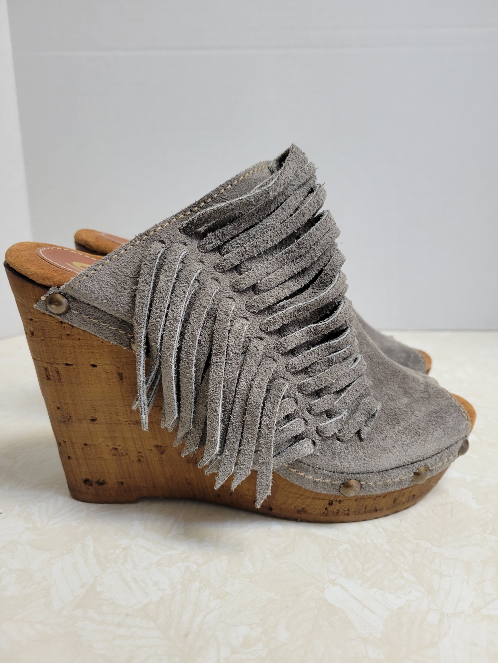 Sbicca Gray Suede Fringe Wedge Mules